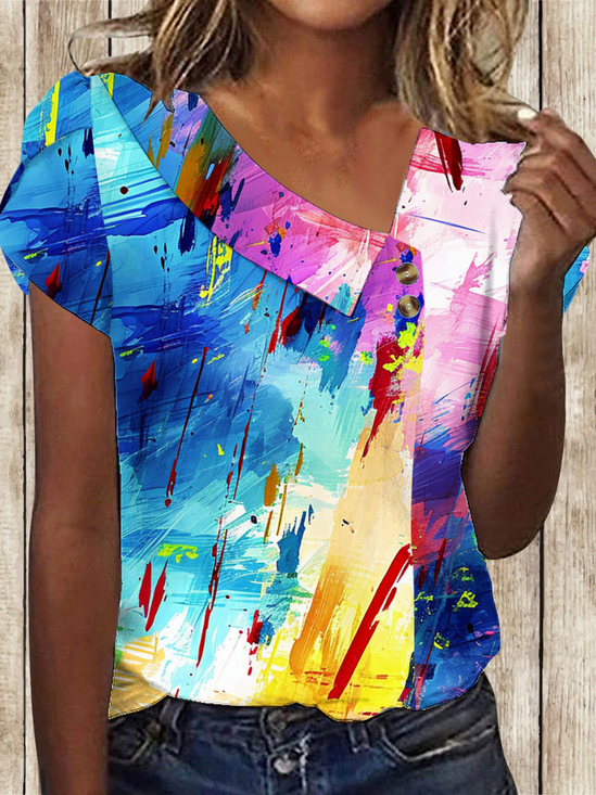 Women's Short Sleeve T-shirt Summer Blue Geometric Buckle Asymmetrical Daily Going Out Casual Top