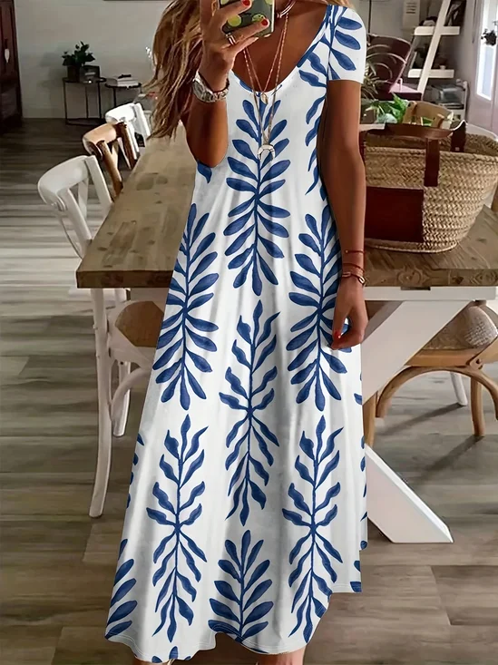 Women's Short Sleeve Summer White Floral Printing V Neck Daily Going Out Casual Maxi X-Line Dress