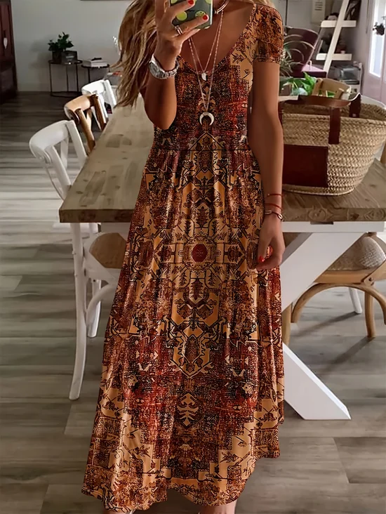 Women's Short Sleeve Summer Brown Floral Printing V Neck Daily Going Out Casual Maxi X-Line Dress
