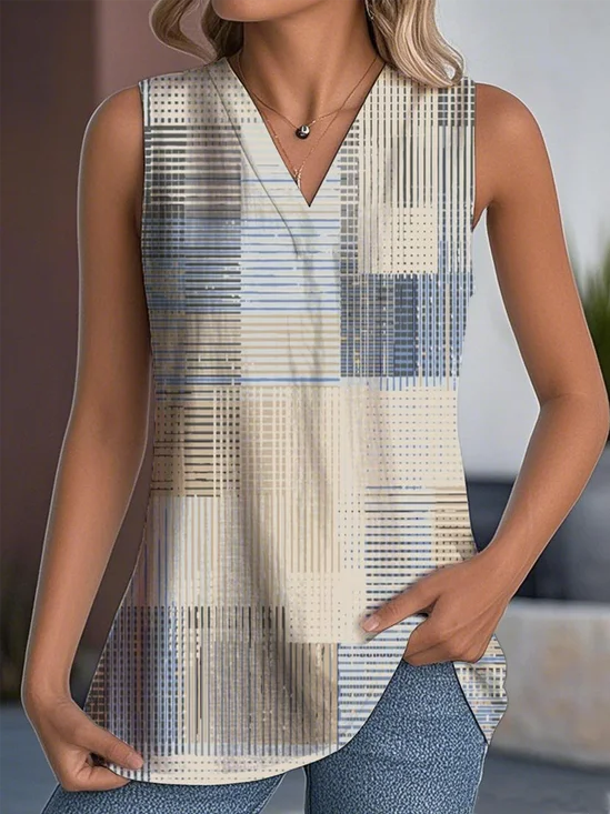Multicolor Block Casual V Neck Tank Top