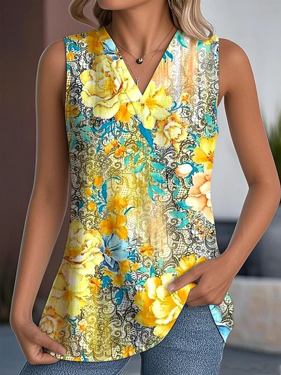 Casual Cotton-Blend V Neck Loose Tank Top