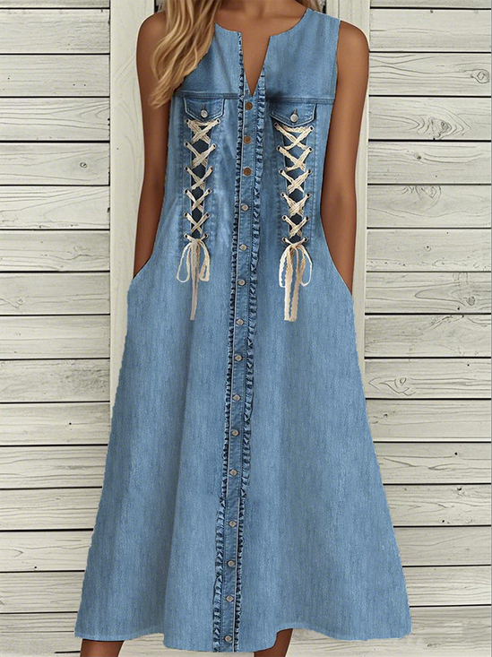 Casual Faux Denim Print Graphic Loose Dress