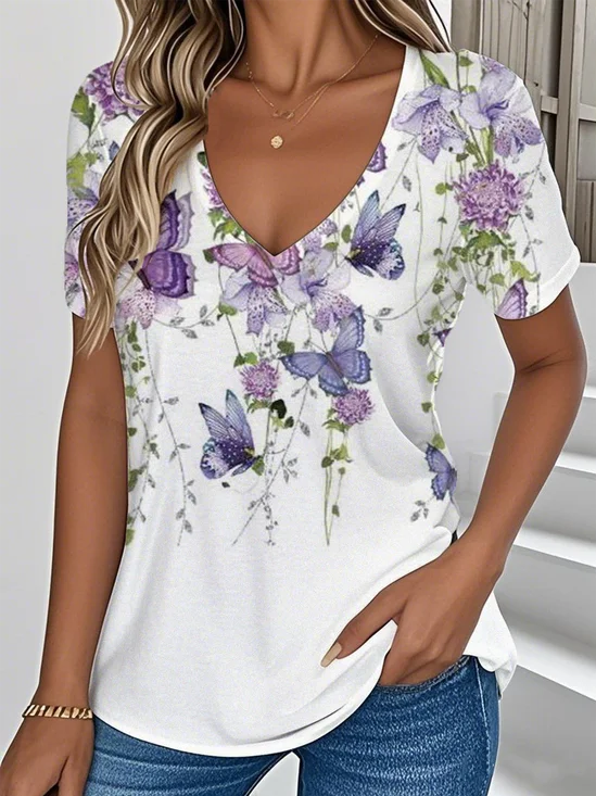 Floral Simple V Neck T-Shirt