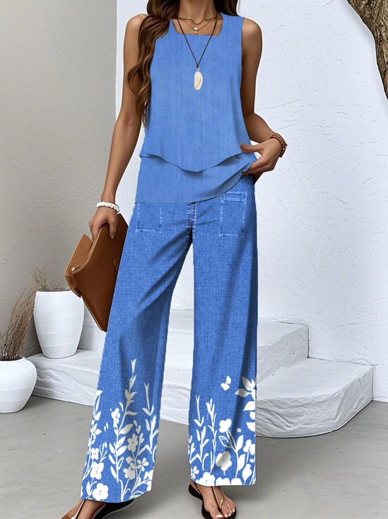 Crew Neck Floral Casual Regular Fit Two-Piece Set