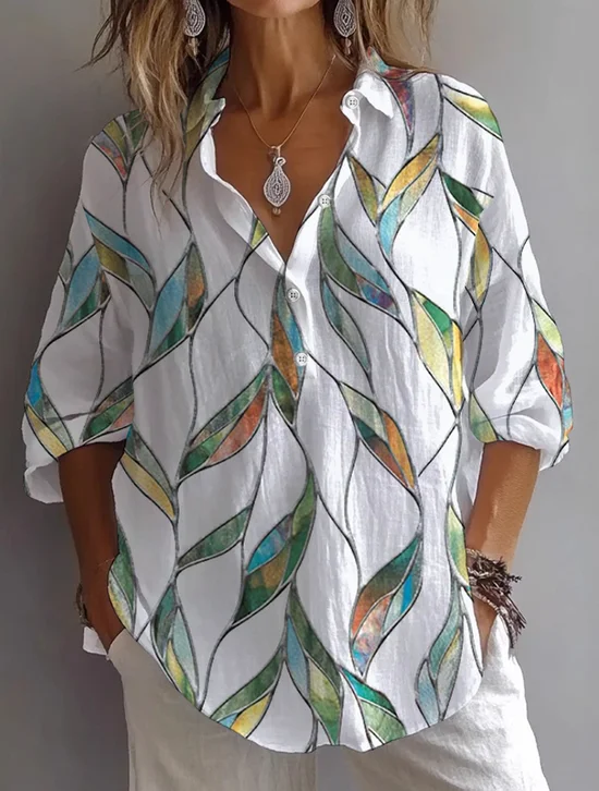 Women's Long Sleeve Shirt Spring/Fall White Floral Printing Shirt Collar Daily Going Out Casual Top