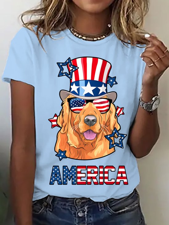 Golden Retriever American Flag Hat Glasses 4th of July Dog Cotton T-shirt