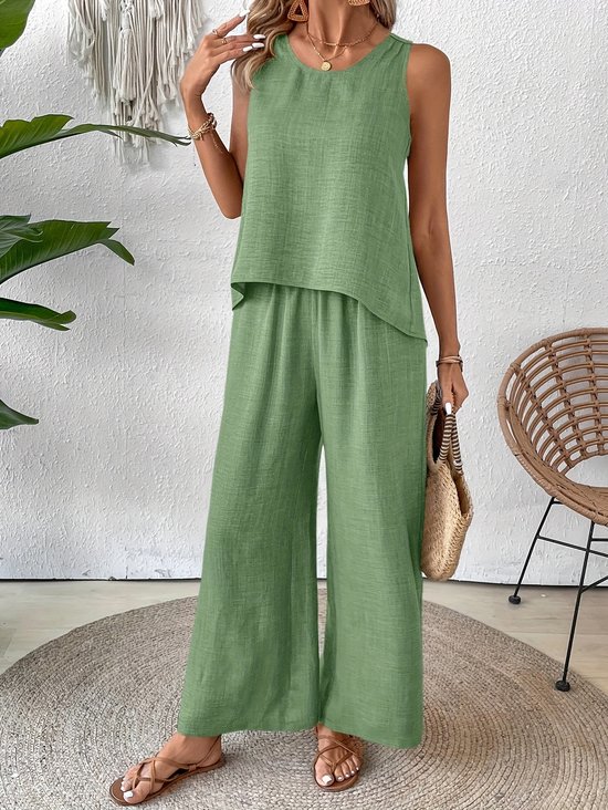 Vintage U-Neck Plain Loose Two-Piece Set