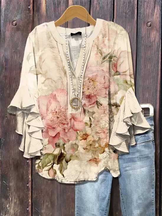 Women's Half Sleeve Shirt Summer Apricot Floral Printing V Neck Daily Going Out Casual Top