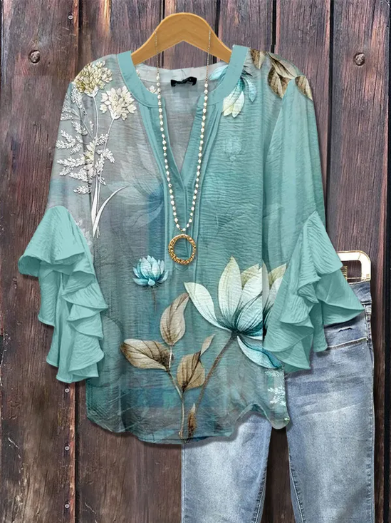 Women's Half Sleeve Shirt Summer Cyan Floral Printing V Neck Daily Going Out Casual Top