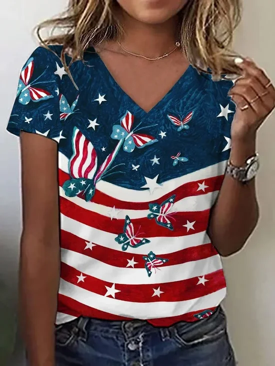 Women's Short Sleeve T-shirt Summer As Picture Independence Day (Flag) Printing V Neck Daily Going Out Casual Top