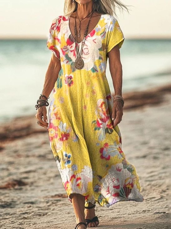 V Neck Vacation Regular Fit Cotton Dress With No Belt