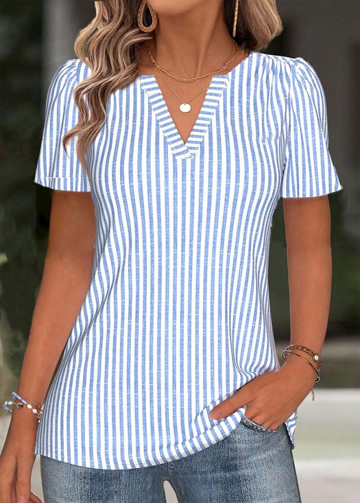 Loose V Neck Simple Striped T-Shirt