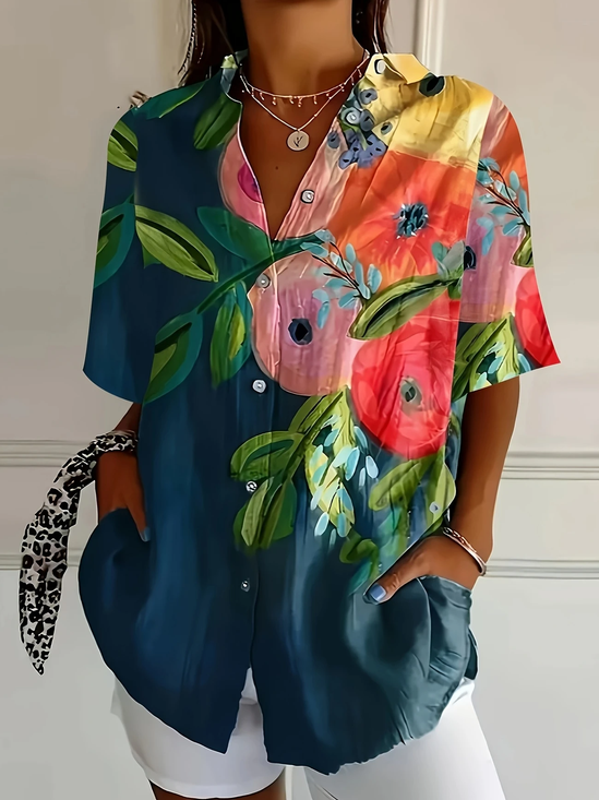 Women's Short Sleeve Shirt Summer Navyblue Floral Printing Shirt Collar Daily Going Out Casual Top