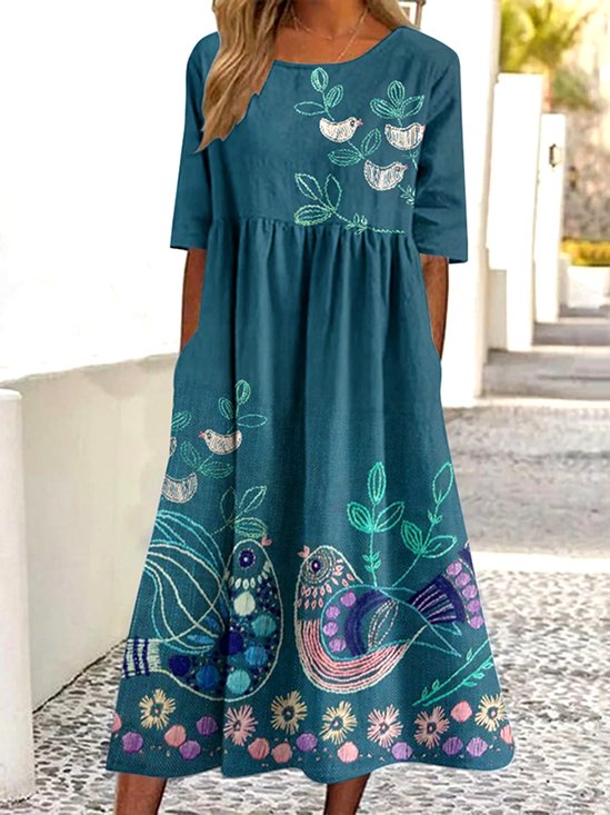 Crew Neck Animal Casual Dress With No