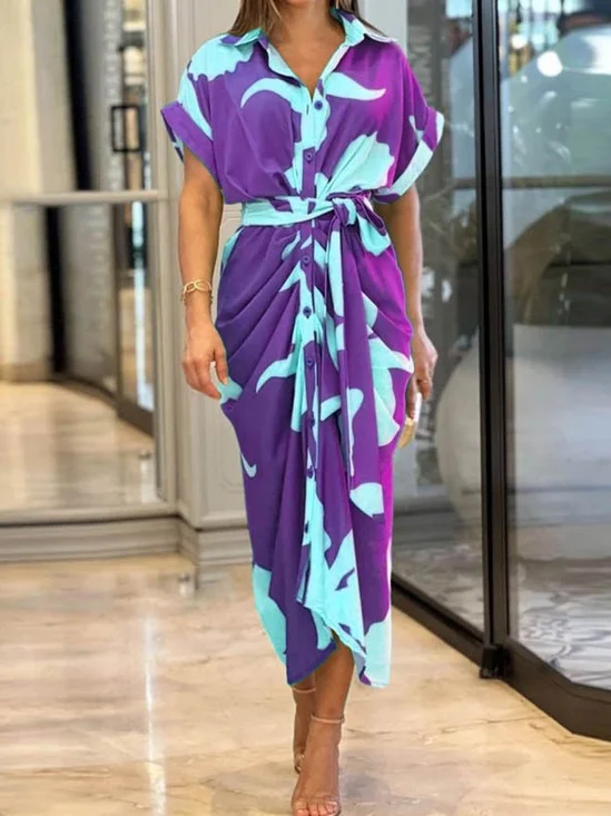 Women's Half Sleeve Summer Purple Floral Split Joint Shirt Collar Daily Going Out Vintage Maxi A-Line Hip Skirt Dress