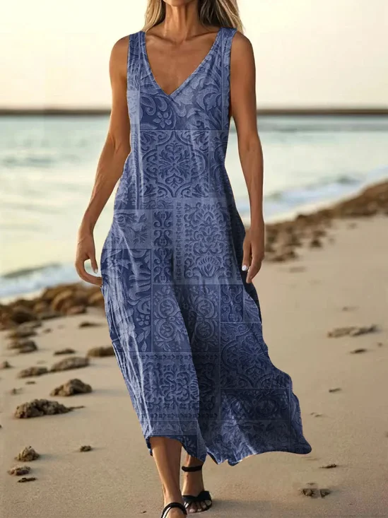 Women's Vintage Sleeveless V-Neck Dress