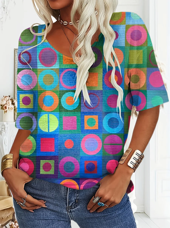 Women's Short Sleeve T-shirt Summer As Picture Abstract Printing Jersey V Neck Daily Going Out Casual Top