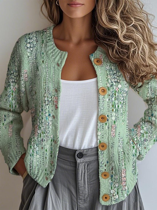 Loose Ethnic Crew Neck Gradient Pattern Cardigan
