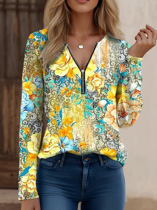 Loose Floral Zipper Vintage T-Shirt