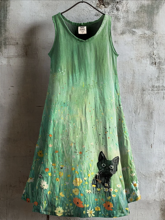 Casual Linen Floral Crew Neck Dress With No