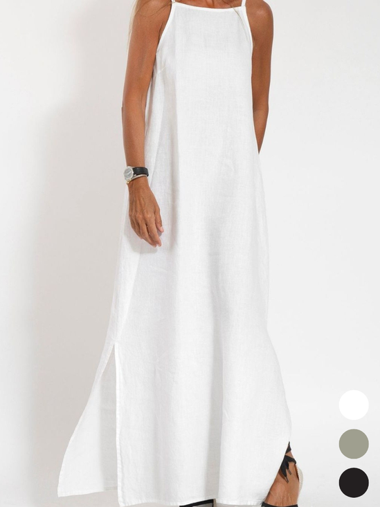 Women's Sleeveless Summer White Plain Split Joint Crew Neck Daily Going Out Vintage Maxi A-Line Tank Dress