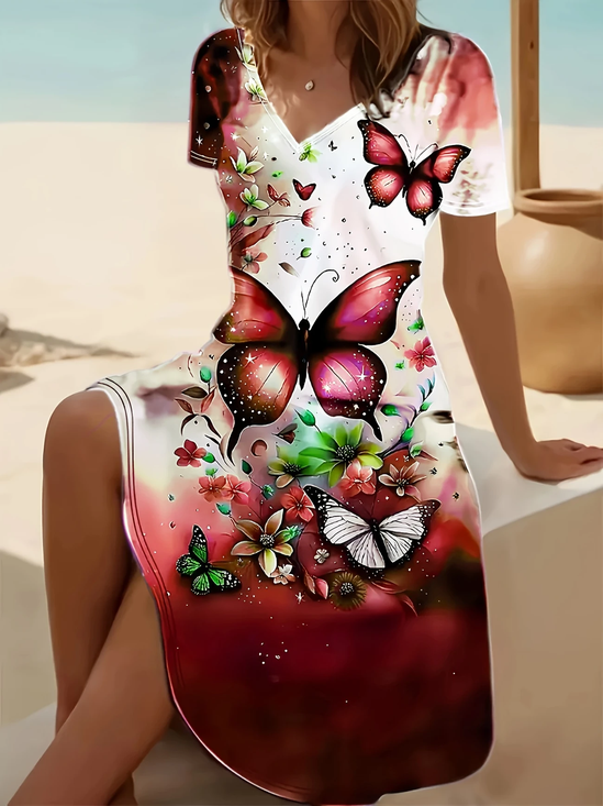 Women's Short Sleeve Summer Wine Red Floral Printing V Neck Daily Going Out Casual Midi A-Line Fit & Flare Dress Dress