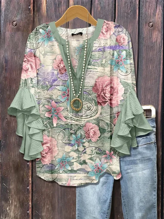 Women's Half Sleeve Shirt Summer Green Floral Printing V Neck Daily Going Out Casual Top