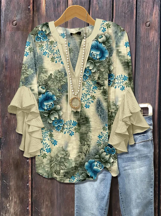 Women's Half Sleeve Shirt Summer Beige Floral Printing V Neck Daily Going Out Casual Top