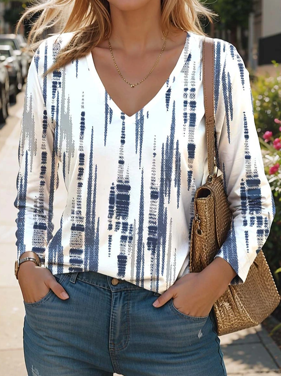 Print Casual V Neck Long Sleeve T-Shirt