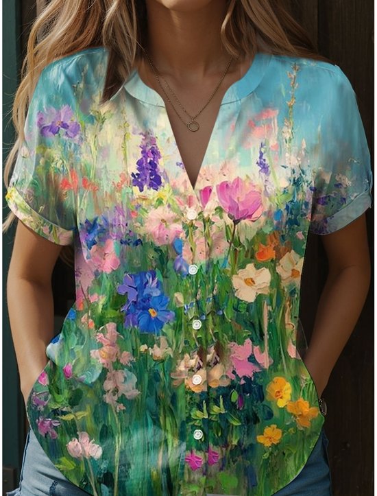 Women's V-Neck Button-Down Short-Sleeved Shirt