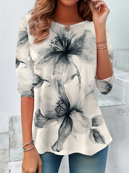 Women's Floral Print Casual Crew Neck Long Sleeve Tunic Waist Tee