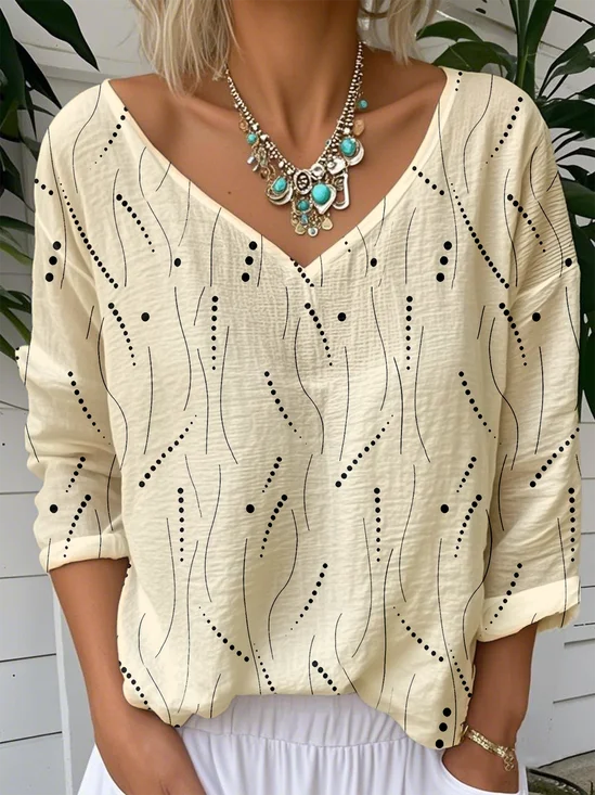 Print Casual V Neck Long Sleeve T-Shirt