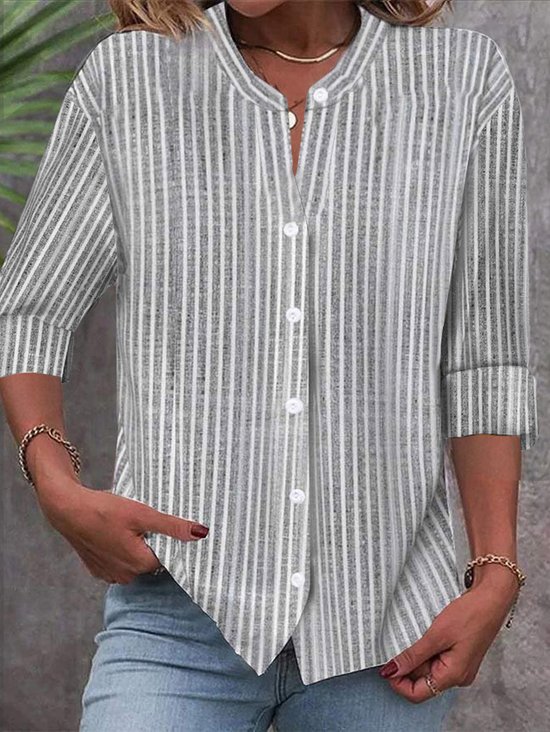 Women's Stand Collar Long Sleeve Striped Shirt
