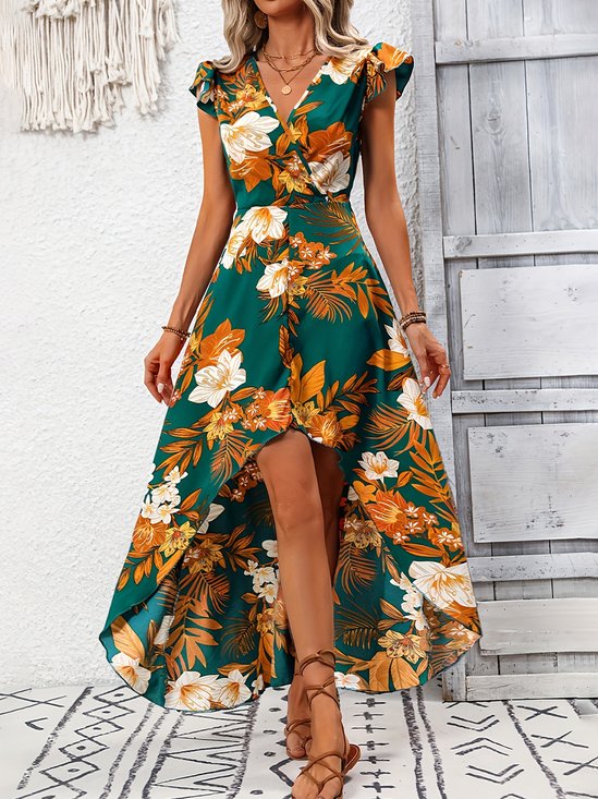 Women's Short Sleeve Summer Green Plain Split Joint V Neck Ruffle Sleeve Daily Going Out Vintage Maxi A-Line Tank Dress