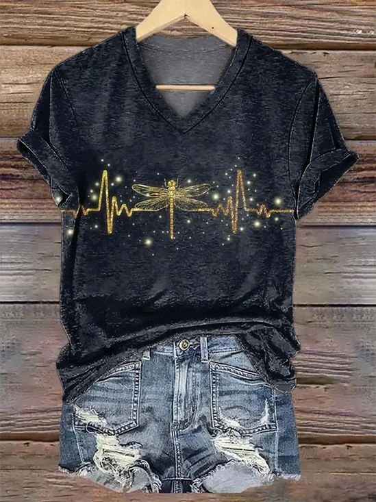 Women's Short Sleeve T-shirt Summer Black Dragonfly Printing V Neck Daily Going Out Casual Top
