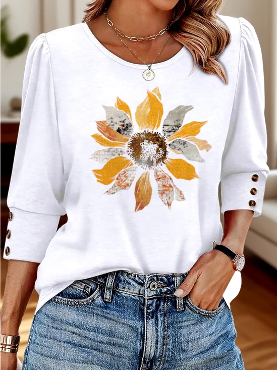 Casual Crew Neck Floral Regular Fit T-Shirt