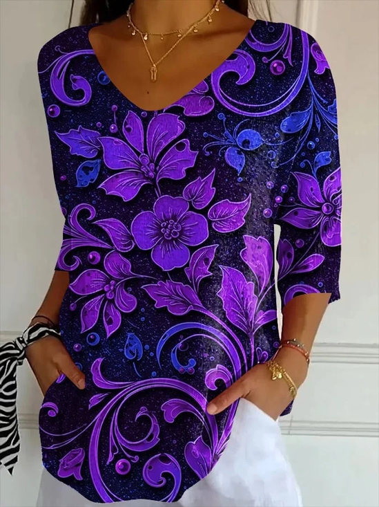 Women's Alzheimer's Disease Floral Print V-Neck T-Shirt