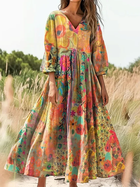 Women's Bohemian Floral Print Flowy Cotton Crew Neck Dress