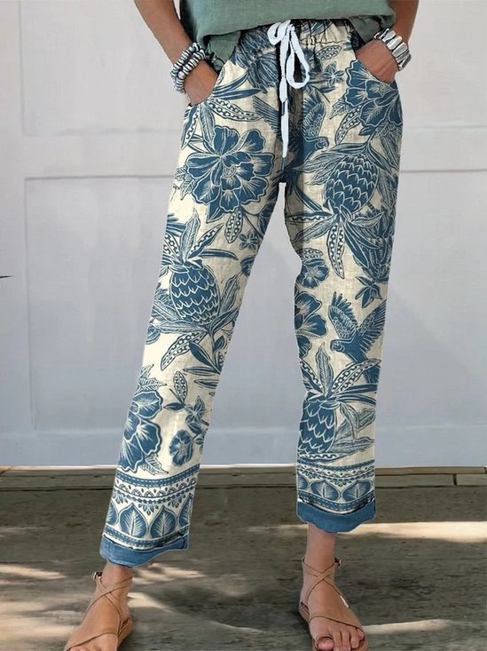 Batik Style Ethnic Floral Pattern Printed Women's Cotton And Linen Casual Pants