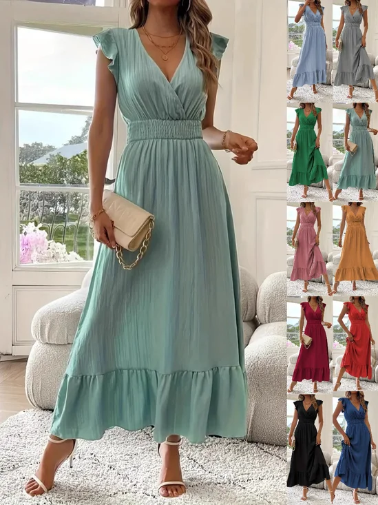 Women's Short Sleeve Summer Aqua Plain Split Joint V Neck Ruffle Sleeve Daily Going Out Vintage Maxi A-Line Tank Dress