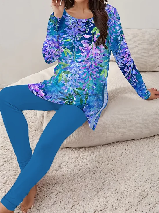 Women's Floral Print Long Sleeve T-Shirt Leggings Two-Piece Set