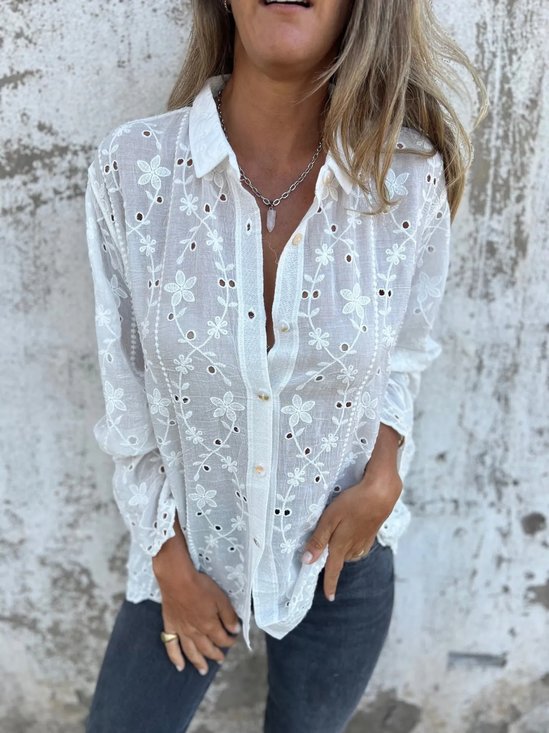 Women's Sweet Temperament Embroidered Hollow Cotton And Linen Holiday Shirt Casual Top