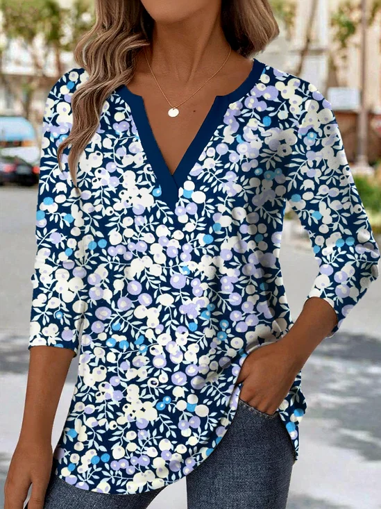 Print Casual V Neck Long Sleeve T-Shirt