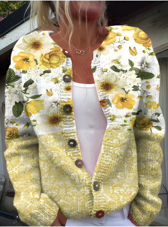 Loose Multicolor Block Vintage Crew Neck Cardigan