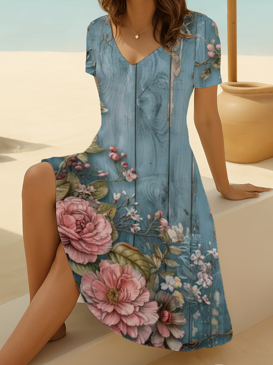 Women's Short Sleeve Summer Blue Floral Printing V Neck Daily Going Out Casual Midi A-Line Fit & Flare Dress Dress