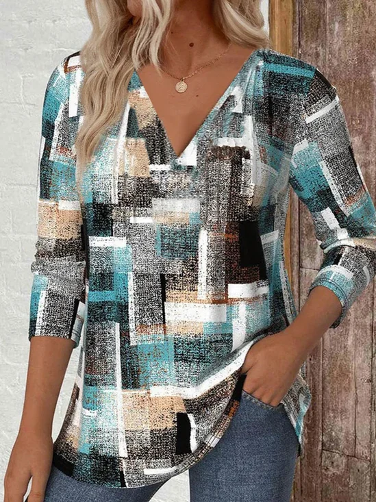 Print Casual V Neck Long Sleeve T-Shirt