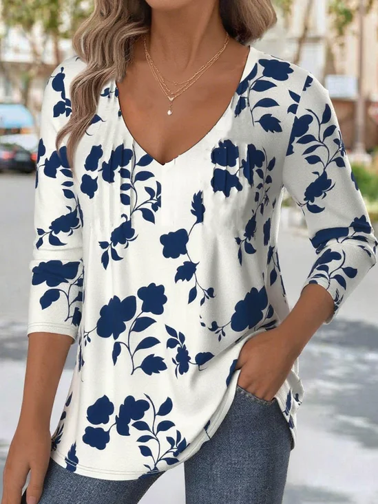 Print Casual V Neck Long Sleeve T-Shirt
