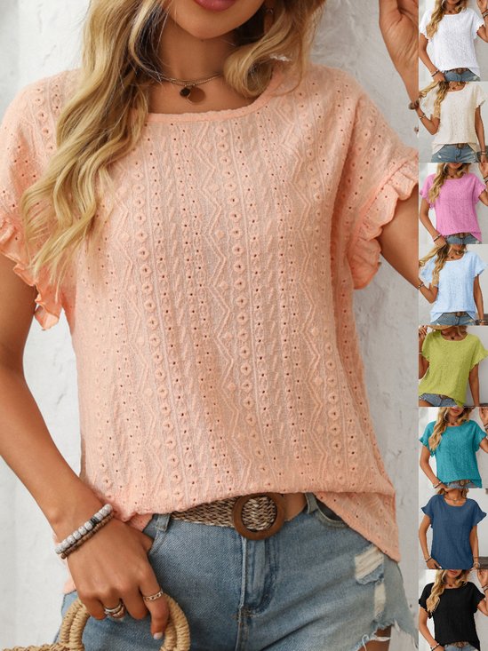 Women's Short Sleeve T-shirt Summer Orange Plain Jacquard Crew Neck Daily Going Out Casual Top