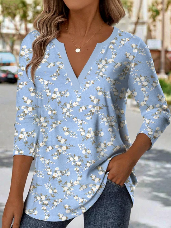 Print Casual V Neck Long Sleeve T-Shirt