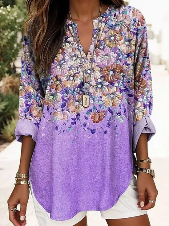 Women's Long Sleeve Blouse Spring/Fall Purple Floral Printing Cotton-Blend V Neck Daily Going Out Casual Top